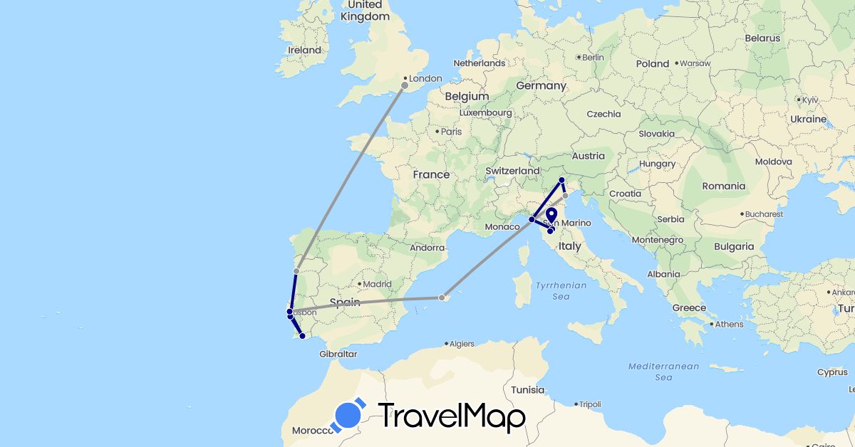 TravelMap itinerary: driving, plane in Spain, United Kingdom, Italy, Portugal (Europe)